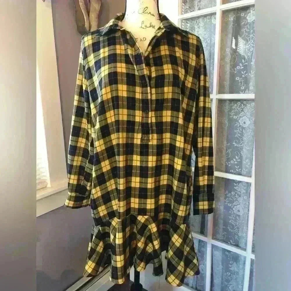 Black and Yellow Aqua Brand Plaid Drop Waist Flannel Dress